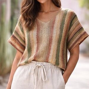 Peruvian Connection Crochet Knit Top Pima Cotton Striped Boho S/XS